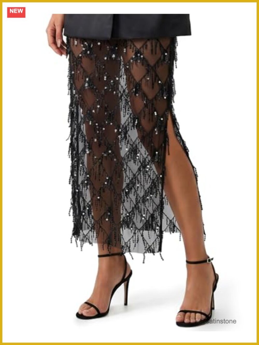 Sequin Fringe Sheer Mesh Midi Pencil Skirt Split Hem Party Club